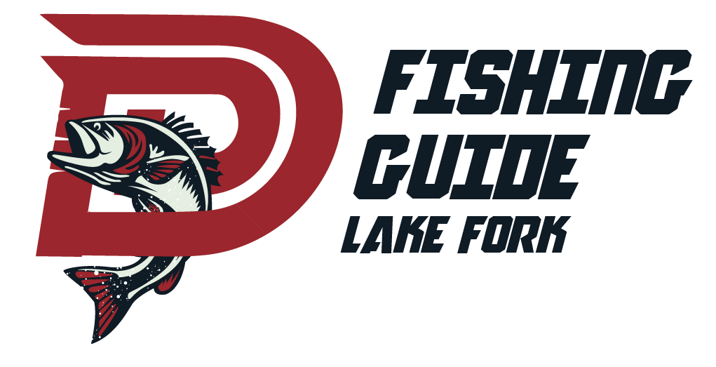 Logo with stylized "D" and fish, bold text "Fishing Guide Lake Fork" by Dax Davis; perfect for trophy bass fishing.